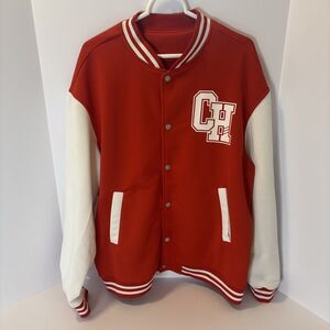 ROMWE Letter Graphic Striped Trim Colorblock Drop Shoulder Varsity Jacket Red L